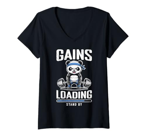 Damen Gewichtheber Gains Loading Stand by Lustiges Kraftsport T-Shirt mit V-Ausschnitt von Gym Shirt Fitnessstudio Muskel Aufbautraining