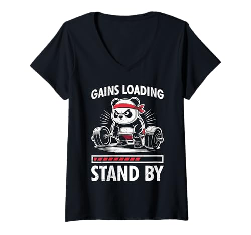 Damen Gewichtheber Gains Loading Stand by Lustiges Kraftsport T-Shirt mit V-Ausschnitt von Gym Shirt Fitnessstudio Muskel Aufbautraining