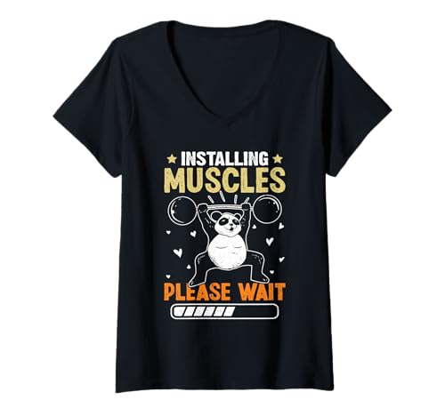Damen Gewichtheber Installing Muscles Please Wait Lustig Gym T-Shirt mit V-Ausschnitt von Gym Shirt Fitnessstudio Muskel Aufbautraining