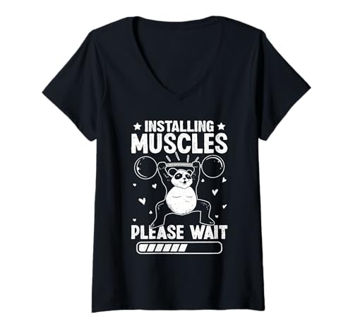 Damen Gewichtheber Installing Muscles Please Wait Lustig Gym T-Shirt mit V-Ausschnitt von Gym Shirt Fitnessstudio Muskel Aufbautraining