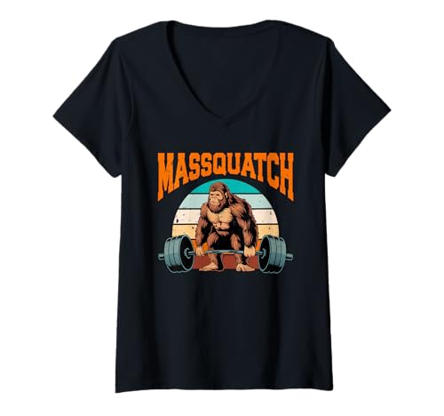 Damen Gewichtheber MASSQUATCH Lustiges Muskel Aufbautraining T-Shirt mit V-Ausschnitt von Gym Shirt Fitnessstudio Muskel Aufbautraining