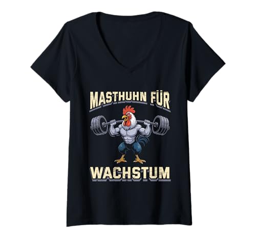 Damen Gewichtheber MASTHUHN FÜR WACHSTUM Lustiges Gym T-Shirt mit V-Ausschnitt von Gym Shirt Fitnessstudio Muskel Aufbautraining