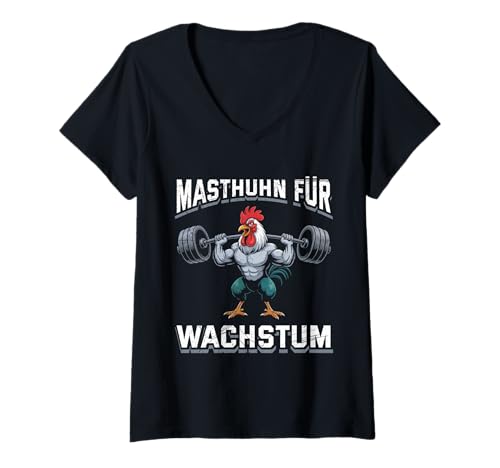 Damen Gewichtheber MASTHUHN FÜR WACHSTUM Lustiges Gym T-Shirt mit V-Ausschnitt von Gym Shirt Fitnessstudio Muskel Aufbautraining