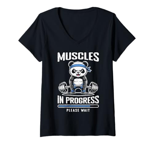 Damen Gewichtheber Muscles Progress Please Wait Kraftsport T-Shirt mit V-Ausschnitt von Gym Shirt Fitnessstudio Muskel Aufbautraining