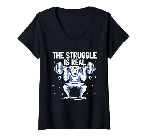 Damen Gewichtheber The Struggle is REAL Lustiges Kraftsport T-Shirt mit V-Ausschnitt von Gym Shirt Fitnessstudio Muskel Aufbautraining