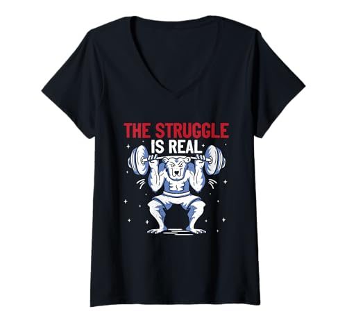 Damen Gewichtheber The Struggle is REAL Lustiges Kraftsport T-Shirt mit V-Ausschnitt von Gym Shirt Fitnessstudio Muskel Aufbautraining