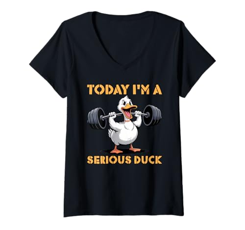 Damen Gewichtheber Today I'm A SERIOUS Duck Lustiges Kraftsport T-Shirt mit V-Ausschnitt von Gym Shirt Fitnessstudio Muskel Aufbautraining