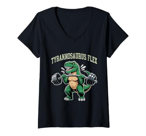 Damen Gewichtheber Tyrannosaurus Flex Lustiges Gym T-Shirt mit V-Ausschnitt von Gym Shirt Fitnessstudio Muskel Aufbautraining