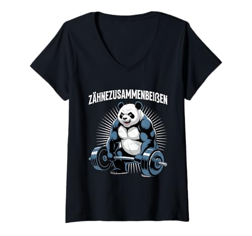 Damen Gewichtheber ZÄHNE ZUSAMMENBEISSEN Lustiges Gym T-Shirt mit V-Ausschnitt von Gym Shirt Fitnessstudio Muskel Aufbautraining
