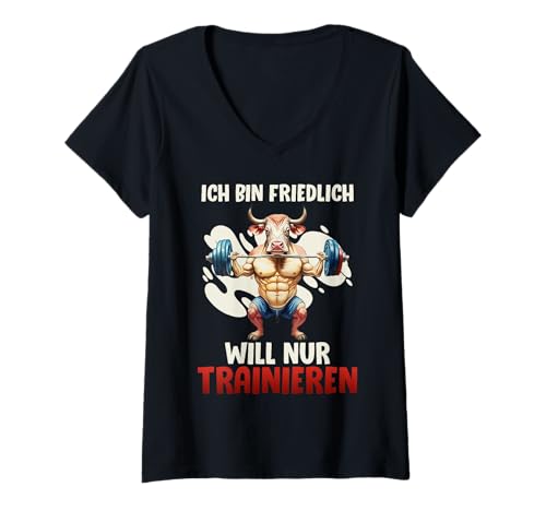 Damen Gym Bin FREUNDLICH Will NUR TRAINIEREN Lustig Gewichtheben T-Shirt mit V-Ausschnitt von Gym Shirt Fitnessstudio Muskel Aufbautraining
