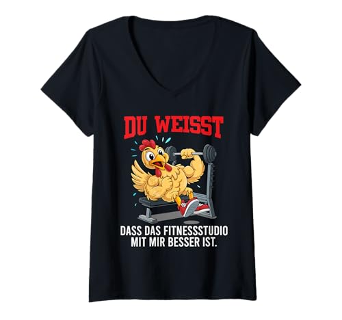 Damen Gym DAS FITNESSSTUDIO IST MIT Mir Besser Lustig Bodybuilder T-Shirt mit V-Ausschnitt von Gym Shirt Fitnessstudio Muskel Aufbautraining