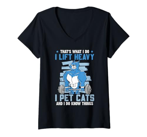 Damen Gym I Lift Heavy and PET Cats Lustiges Gewichtheber T-Shirt mit V-Ausschnitt von Gym Shirt Fitnessstudio Muskel Aufbautraining