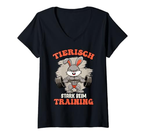 Damen Gym TIERISCH STARK BEIM Training Lustiges Fitnessstudio T-Shirt mit V-Ausschnitt von Gym Shirt Fitnessstudio Muskel Aufbautraining