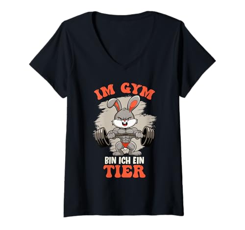 Damen Kraftsport IM Gym Bin ICH EIN Tier Lustiges Muskel Training T-Shirt mit V-Ausschnitt von Gym Shirt Fitnessstudio Muskel Aufbautraining