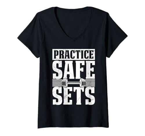 Damen Kraftsport Practice Safe Sets Lustiges Fitnessstudio T-Shirt mit V-Ausschnitt von Gym Shirt Fitnessstudio Muskel Aufbautraining