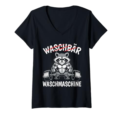 Damen Kraftsport WASCHBÄR WASCH Maschine Lustig Gewichtheber T-Shirt mit V-Ausschnitt von Gym Shirt Fitnessstudio Muskel Aufbautraining