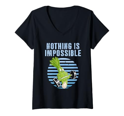 Damen Fitnessstudio Nothing is Impossible Lustiges Kraftsport T-Shirt mit V-Ausschnitt von Gym Shirt Fitnessstudio Muskel Training Lauch