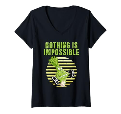 Damen Fitnessstudio Nothing is Impossible Lustiges Kraftsport T-Shirt mit V-Ausschnitt von Gym Shirt Fitnessstudio Muskel Training Lauch