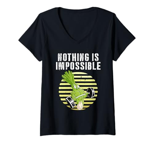 Damen Fitnessstudio Nothing is Impossible Lustiges Kraftsport T-Shirt mit V-Ausschnitt von Gym Shirt Fitnessstudio Muskel Training Lauch
