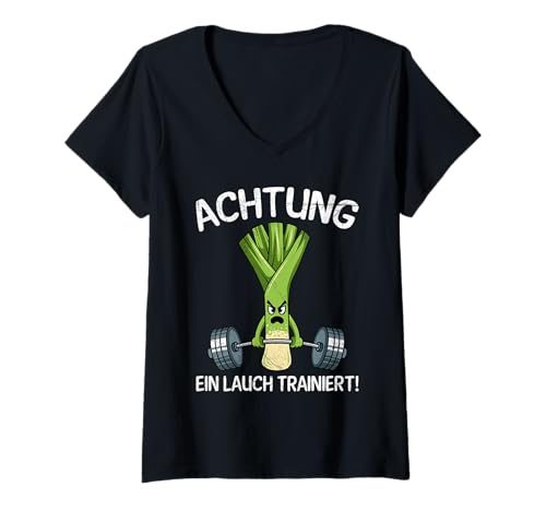 Damen Gewichtheber Achtung EIN LAUCH TRAINIERT Lustiges Gym T-Shirt mit V-Ausschnitt von Gym Shirt Fitnessstudio Muskel Training Lauch