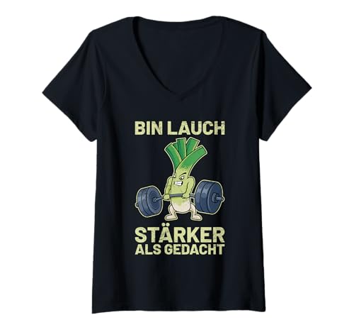 Damen Gewichtheber Bin LAUCH STÄRKER ALS GEDACHT Lustig Gym T-Shirt mit V-Ausschnitt von Gym Shirt Fitnessstudio Muskel Training Lauch