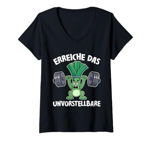Damen Gewichtheber ERREICHE DAS UNVORSTELLBARE Lustig Gym T-Shirt mit V-Ausschnitt von Gym Shirt Fitnessstudio Muskel Training Lauch
