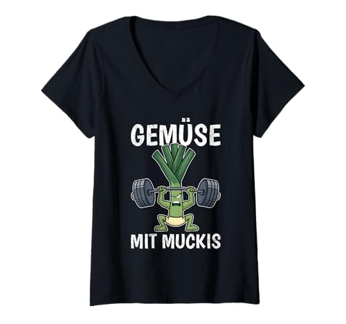 Damen Gewichtheber GEMÜSE MIT MUCKIS Lustiges Kraftsport T-Shirt mit V-Ausschnitt von Gym Shirt Fitnessstudio Muskel Training Lauch