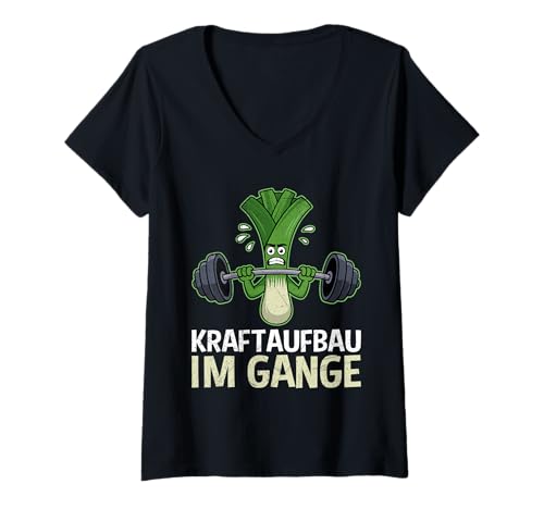 Damen Gewichtheber KRAFTAUFBAU IM GANGE Lustiges Gym T-Shirt mit V-Ausschnitt von Gym Shirt Fitnessstudio Muskel Training Lauch