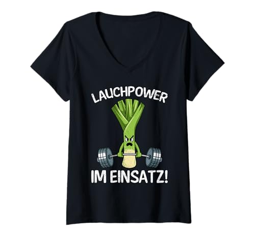 Damen Gewichtheber LAUCHPOWER IM Einsatz Lustiges Fitnessstudio T-Shirt mit V-Ausschnitt von Gym Shirt Fitnessstudio Muskel Training Lauch