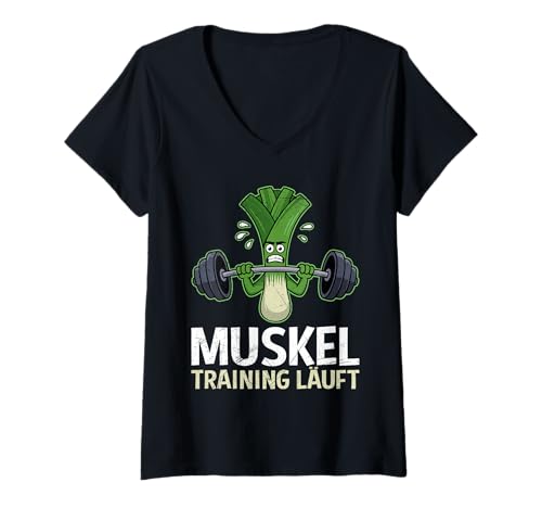 Damen Gewichtheber MUSKELTRAINING LÄUFT Lustiges Fitnessstudio T-Shirt mit V-Ausschnitt von Gym Shirt Fitnessstudio Muskel Training Lauch