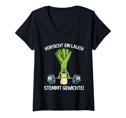 Damen Gewichtheber Vorsicht EIN LAUCH STEMMT Gewichte Bodybuilder T-Shirt mit V-Ausschnitt von Gym Shirt Fitnessstudio Muskel Training Lauch