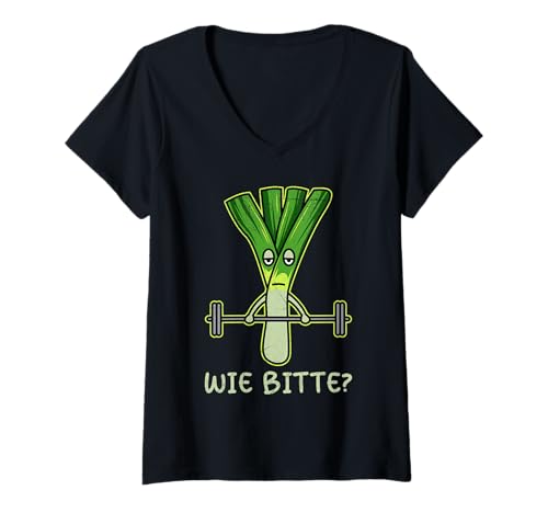 Damen Gewichtheber WIE Bitte? Lauch Lustiges Fitnessstudio T-Shirt mit V-Ausschnitt von Gym Shirt Fitnessstudio Muskel Training Lauch