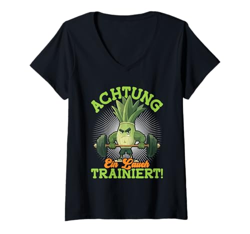 Damen Kraftsport Achtung EIN LAUCH TRAINIERT Lustig Gewichtheber T-Shirt mit V-Ausschnitt von Gym Shirt Fitnessstudio Muskel Training Lauch