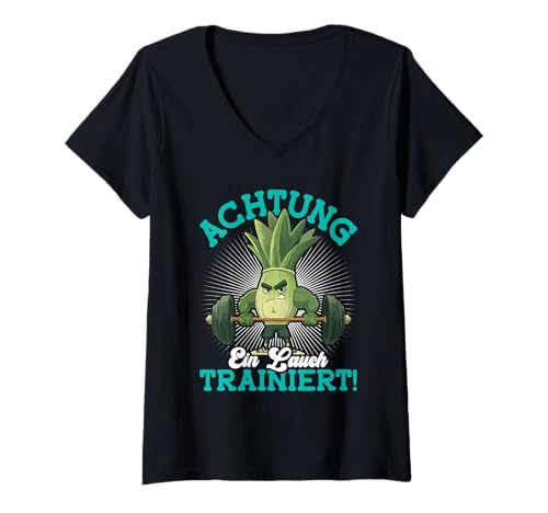 Damen Kraftsport Achtung EIN LAUCH TRAINIERT Lustig Gewichtheber T-Shirt mit V-Ausschnitt von Gym Shirt Fitnessstudio Muskel Training Lauch