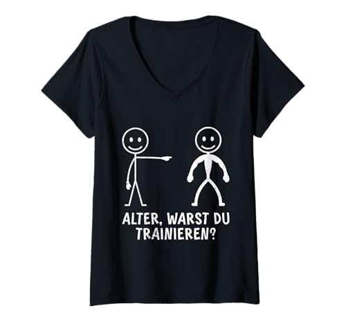 Damen Fitnessstudio Alter WARST DU TRAINIERT LUSTIG Strichmännchen T-Shirt mit V-Ausschnitt von Gym Shirt Strichmännchen Fitnessstudio Training