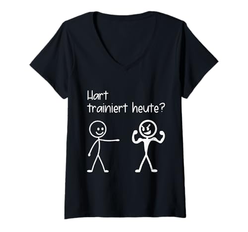 Damen Fitnessstudio HART TRAINIERT Heute LUSTIG Strichmännchen T-Shirt mit V-Ausschnitt von Gym Shirt Strichmännchen Fitnessstudio Training