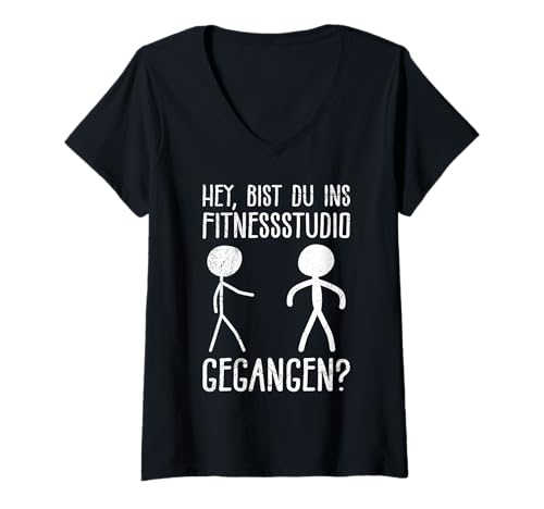 Damen Fitnessstudio Hey BIST DU INS FITNESSSTUDIO Fitness T-Shirt mit V-Ausschnitt von Gym Shirt Strichmännchen Fitnessstudio Training