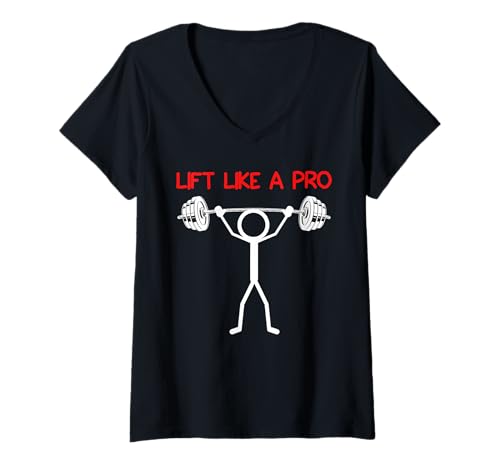 Damen Fitnessstudio Lift Like A PRO Lustiges Muskeltraining T-Shirt mit V-Ausschnitt von Gym Shirt Strichmännchen Fitnessstudio Training