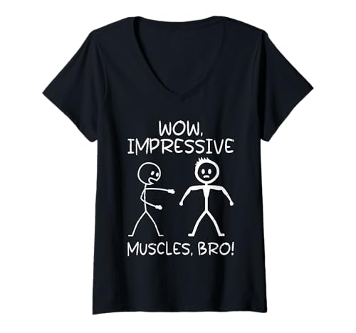 Damen Fitnessstudio Wow Impressive Muscles BRO LUSTIG Fitness T-Shirt mit V-Ausschnitt von Gym Shirt Strichmännchen Fitnessstudio Training