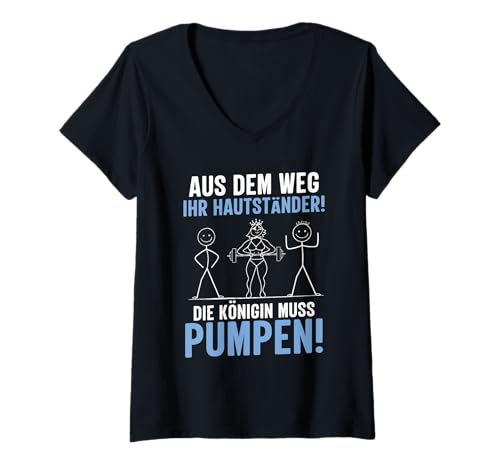 Damen Gewichtheberin AUS DEM Weg Ihr HAUTSTÄNDER Lustig Kraftsport T-Shirt mit V-Ausschnitt von Gym Shirt Strichmännchen Fitnessstudio Training