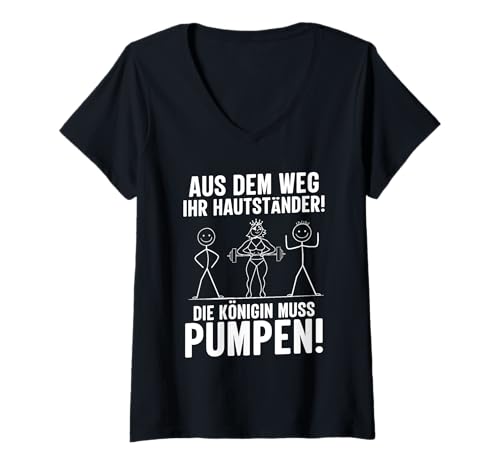Damen Gewichtheberin AUS DEM Weg Ihr HAUTSTÄNDER Lustig Kraftsport T-Shirt mit V-Ausschnitt von Gym Shirt Strichmännchen Fitnessstudio Training