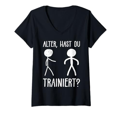 Damen Strichmännchen Alter HAST DU TRAINIERT LUSTIG Fitnessstudio T-Shirt mit V-Ausschnitt von Gym Shirt Strichmännchen Fitnessstudio Training