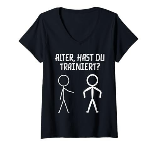 Damen Strichmännchen Alter HAST DU TRAINIERT LUSTIG Fitnessstudio T-Shirt mit V-Ausschnitt von Gym Shirt Strichmännchen Fitnessstudio Training