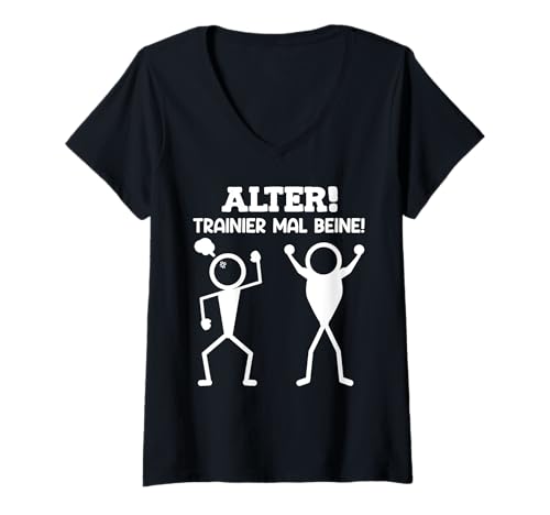 Damen Strichmännchen Alter TRAINIER MAL Beine Lustiges Gym T-Shirt mit V-Ausschnitt von Gym Shirt Strichmännchen Fitnessstudio Training
