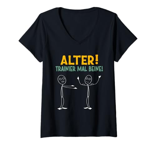 Damen Strichmännchen Alter TRAINIER MAL Beine Lustiges Gym T-Shirt mit V-Ausschnitt von Gym Shirt Strichmännchen Fitnessstudio Training