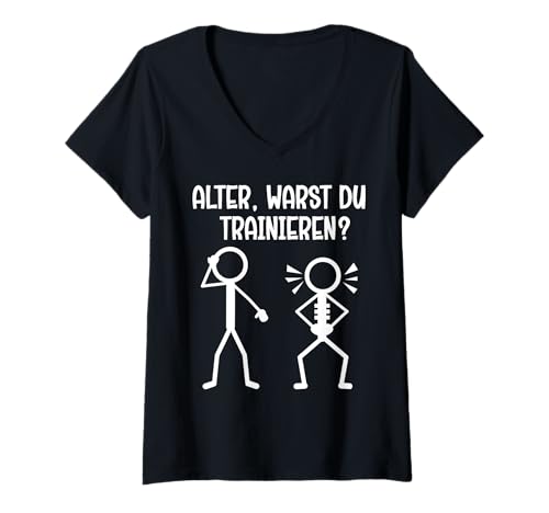 Damen Strichmännchen Alter WARST DU TRAINIEREN? Lustig Gym T-Shirt mit V-Ausschnitt von Gym Shirt Strichmännchen Fitnessstudio Training