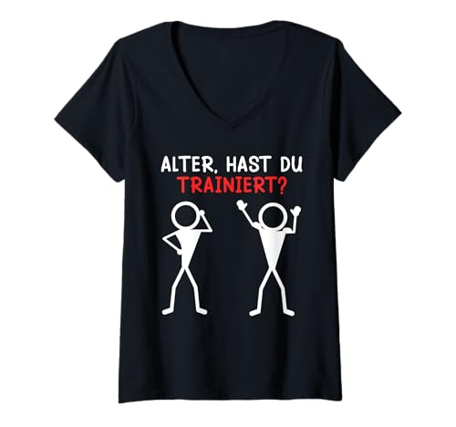 Damen Strichmännchen Alter WARST DU TRAINIEREN? Lustig Gym T-Shirt mit V-Ausschnitt von Gym Shirt Strichmännchen Fitnessstudio Training