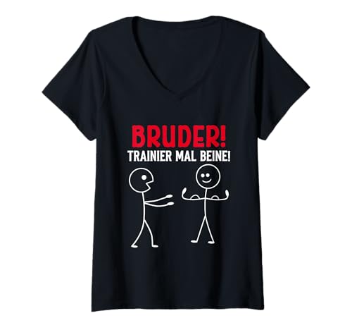 Damen Strichmännchen Bruder TRAINIER MAL Beine Lustig Gym T-Shirt mit V-Ausschnitt von Gym Shirt Strichmännchen Fitnessstudio Training