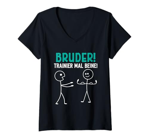 Damen Strichmännchen Bruder TRAINIER MAL Beine Lustig Gym T-Shirt mit V-Ausschnitt von Gym Shirt Strichmännchen Fitnessstudio Training