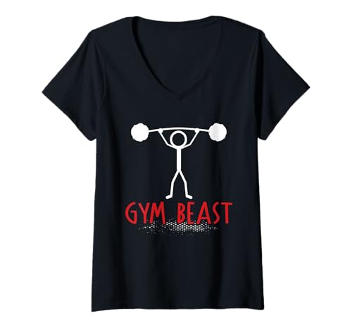 Damen Strichmännchen Gym Beast Lustiges Gewichtheber T-Shirt mit V-Ausschnitt von Gym Shirt Strichmännchen Fitnessstudio Training